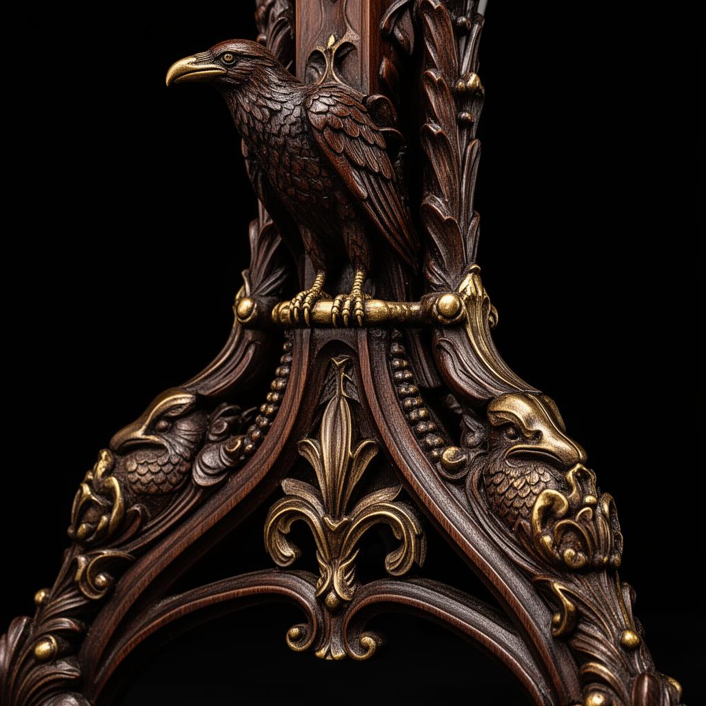 Carved raven and brass detail on a sculptural stand base