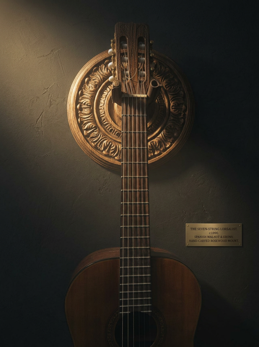 A classical guitar hung on a gilded brass wall hanger